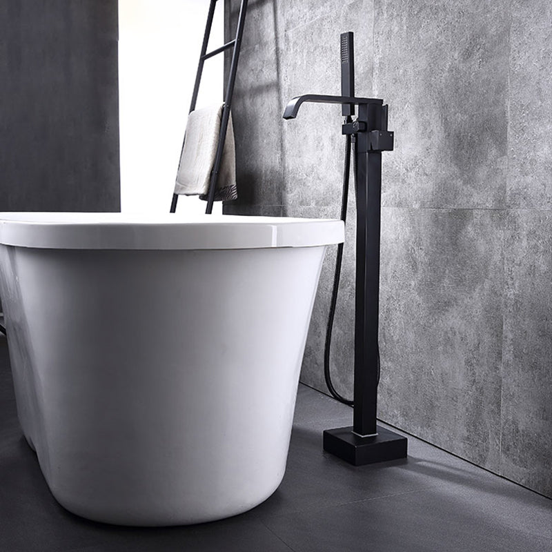 Floor Mounted Metal Freestanding Tub Filler Swivel Freestanding Faucet Black Square Rectangle Hand Shower Included Clearhalo 'Bathroom Remodel & Bathroom Fixtures' 'Bathtub Faucets' 'bathtub_faucets' 'Home Improvement' 'home_improvement' 'home_improvement_bathtub_faucets' 6497259