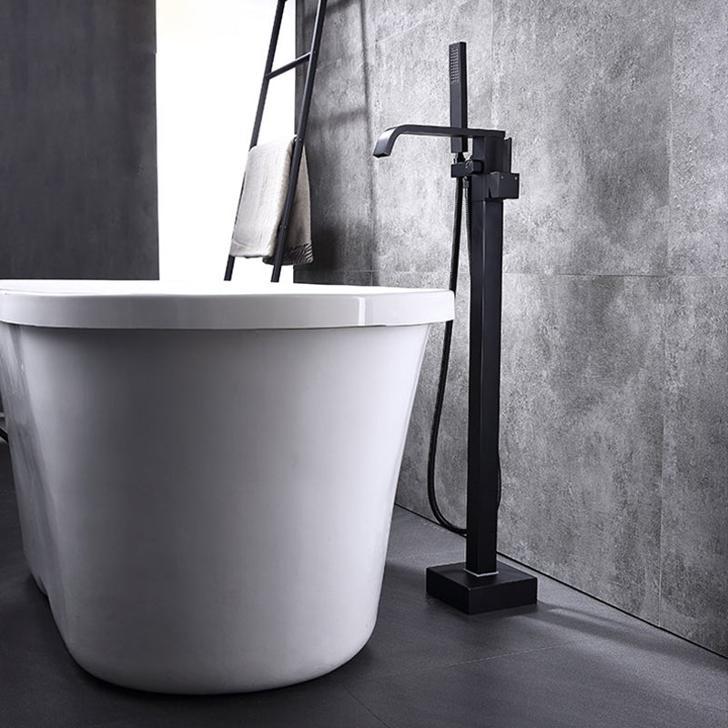 Floor Mounted Metal Freestanding Tub Filler Swivel Freestanding Faucet Black Square/ Rectangle Hand Shower Included Clearhalo 'Bathroom Remodel & Bathroom Fixtures' 'Bathtub Faucets' 'bathtub_faucets' 'Home Improvement' 'home_improvement' 'home_improvement_bathtub_faucets' 6497259