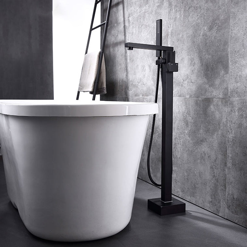 Floor Mounted Metal Freestanding Tub Filler Swivel Freestanding Faucet Black Flat Hand Shower Included Clearhalo 'Bathroom Remodel & Bathroom Fixtures' 'Bathtub Faucets' 'bathtub_faucets' 'Home Improvement' 'home_improvement' 'home_improvement_bathtub_faucets' 6497261
