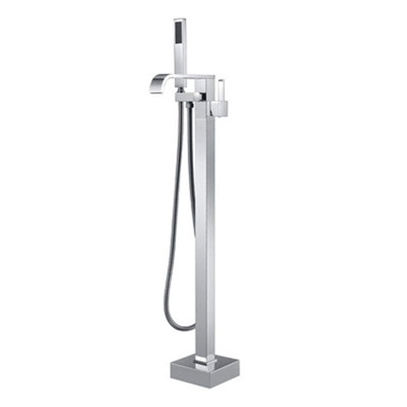 Floor Mounted Metal Freestanding Tub Filler Swivel Freestanding Faucet Chrome Square/ Rectangle Hand Shower Included Clearhalo 'Bathroom Remodel & Bathroom Fixtures' 'Bathtub Faucets' 'bathtub_faucets' 'Home Improvement' 'home_improvement' 'home_improvement_bathtub_faucets' 6497269