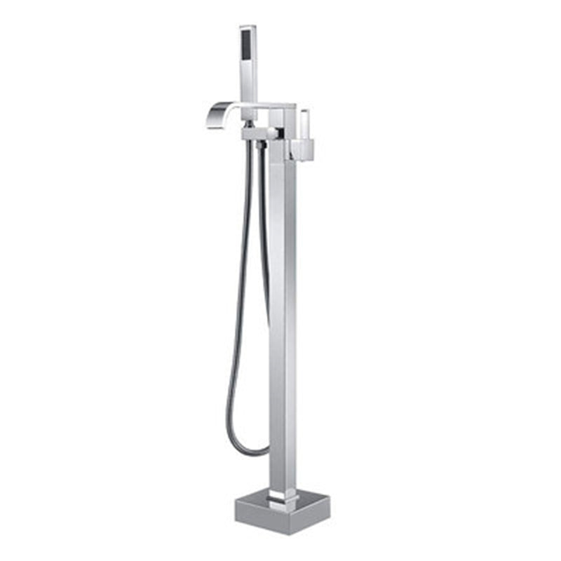 Floor Mounted Metal Freestanding Tub Filler Swivel Freestanding Faucet Chrome Square Rectangle Hand Shower Included Clearhalo 'Bathroom Remodel & Bathroom Fixtures' 'Bathtub Faucets' 'bathtub_faucets' 'Home Improvement' 'home_improvement' 'home_improvement_bathtub_faucets' 6497269