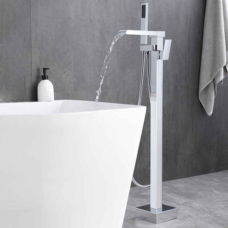 Floor Mounted Metal Freestanding Tub Filler Swivel Freestanding Faucet Chrome Bevel Hand Shower Included Clearhalo 'Bathroom Remodel & Bathroom Fixtures' 'Bathtub Faucets' 'bathtub_faucets' 'Home Improvement' 'home_improvement' 'home_improvement_bathtub_faucets' 6497270
