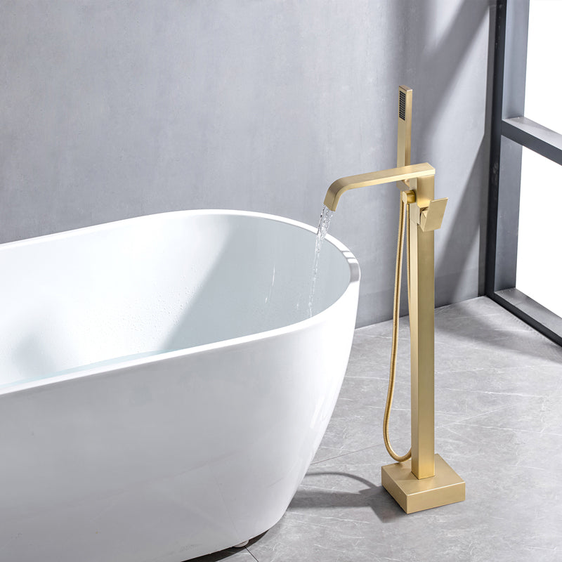 Floor Mounted Metal Freestanding Tub Filler Swivel Freestanding Faucet Gold Square/ Rectangle Hand Shower Included Clearhalo 'Bathroom Remodel & Bathroom Fixtures' 'Bathtub Faucets' 'bathtub_faucets' 'Home Improvement' 'home_improvement' 'home_improvement_bathtub_faucets' 6497276