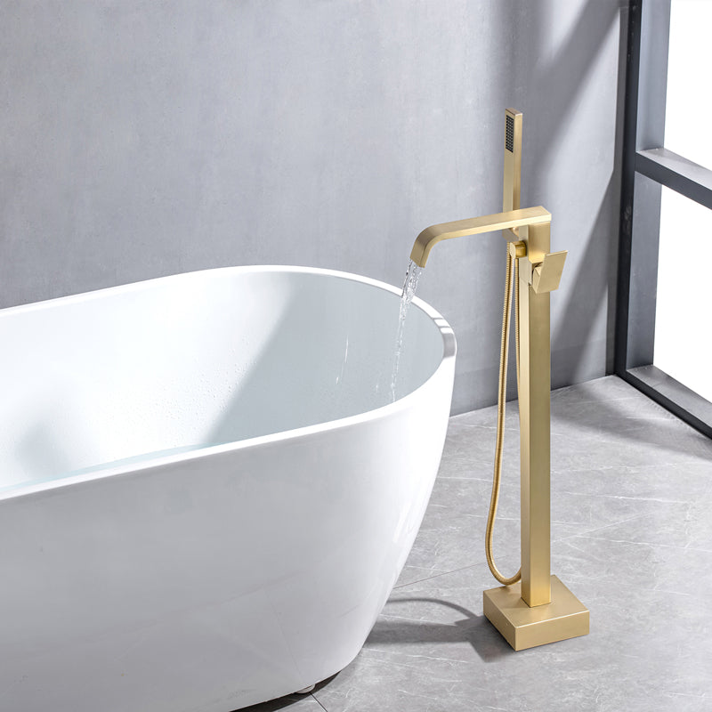Floor Mounted Metal Freestanding Tub Filler Swivel Freestanding Faucet Gold Square Rectangle Hand Shower Included Clearhalo 'Bathroom Remodel & Bathroom Fixtures' 'Bathtub Faucets' 'bathtub_faucets' 'Home Improvement' 'home_improvement' 'home_improvement_bathtub_faucets' 6497276