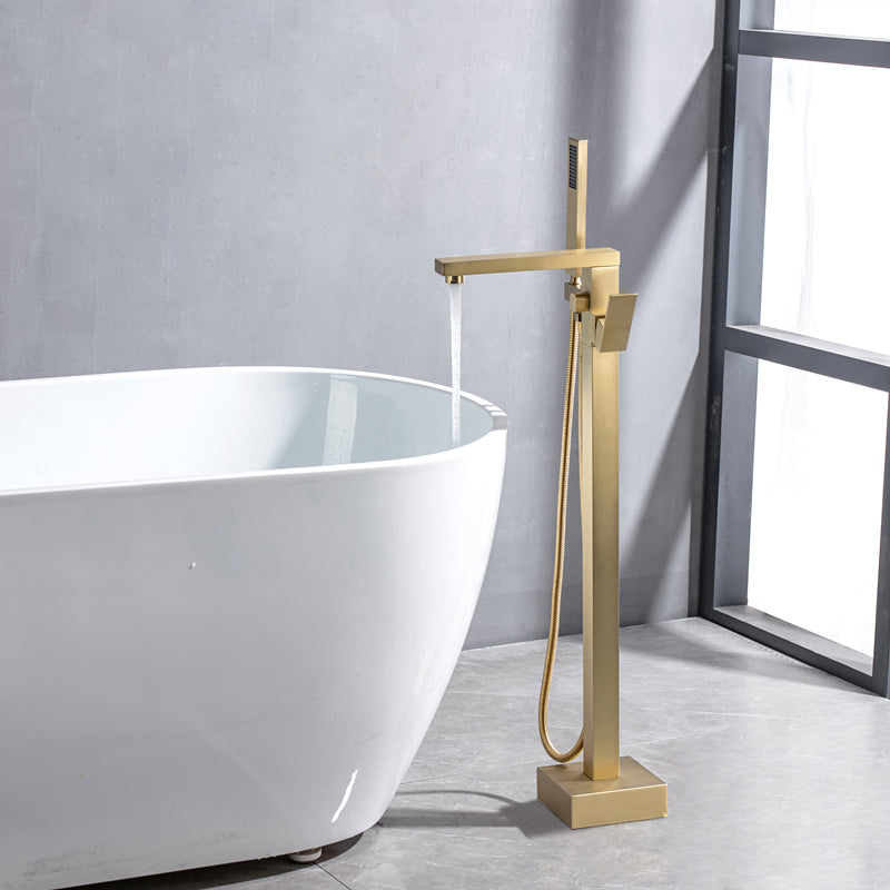 Floor Mounted Metal Freestanding Tub Filler Swivel Freestanding Faucet Gold Flat Hand Shower Included Clearhalo 'Bathroom Remodel & Bathroom Fixtures' 'Bathtub Faucets' 'bathtub_faucets' 'Home Improvement' 'home_improvement' 'home_improvement_bathtub_faucets' 6497278