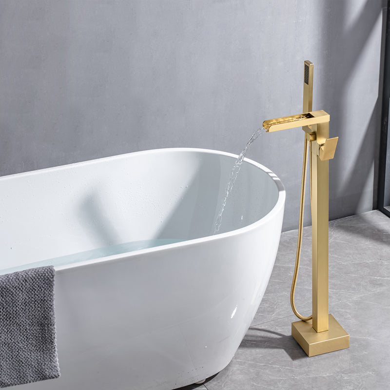 Floor Mounted Metal Freestanding Tub Filler Swivel Freestanding Faucet Gold Bevel Hand Shower Included Clearhalo 'Bathroom Remodel & Bathroom Fixtures' 'Bathtub Faucets' 'bathtub_faucets' 'Home Improvement' 'home_improvement' 'home_improvement_bathtub_faucets' 6497281