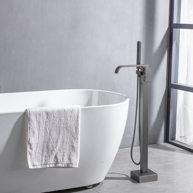Floor Mounted Metal Freestanding Tub Filler Swivel Freestanding Faucet Gun Grey Square Rectangle Hand Shower Included Clearhalo 'Bathroom Remodel & Bathroom Fixtures' 'Bathtub Faucets' 'bathtub_faucets' 'Home Improvement' 'home_improvement' 'home_improvement_bathtub_faucets' 6497285