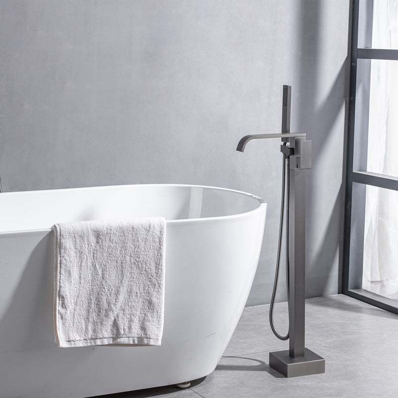 Floor Mounted Metal Freestanding Tub Filler Swivel Freestanding Faucet Gun Grey Square/ Rectangle Hand Shower Included Clearhalo 'Bathroom Remodel & Bathroom Fixtures' 'Bathtub Faucets' 'bathtub_faucets' 'Home Improvement' 'home_improvement' 'home_improvement_bathtub_faucets' 6497285