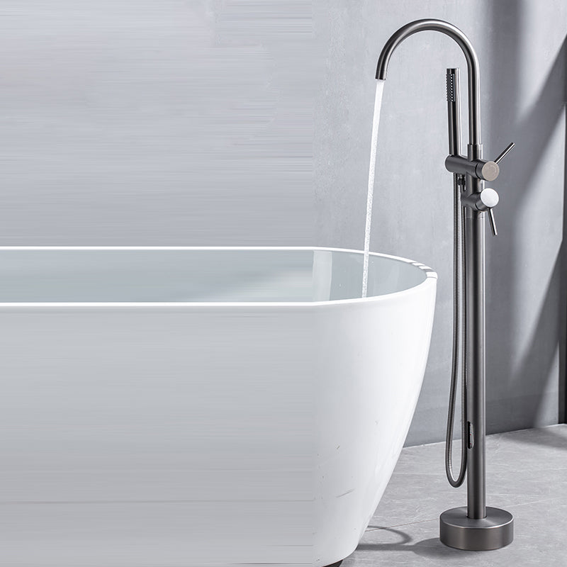 Floor Mounted Copper Freestanding Tub Filler Freestanding High Arc Tub Filler Trim Black Hand Shower Included Ground Clearhalo 'Bathroom Remodel & Bathroom Fixtures' 'Bathtub Faucets' 'bathtub_faucets' 'Home Improvement' 'home_improvement' 'home_improvement_bathtub_faucets' 6497293