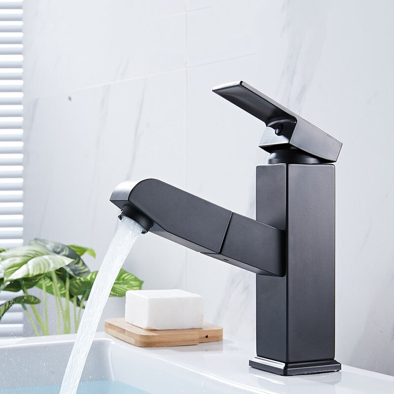 Contemporary Style Faucets Single Lever Handle Swivel Spout Faucets Black Square Clearhalo 'Bathroom Remodel & Bathroom Fixtures' 'Bathroom Sink Faucets' 'Bathroom Sinks & Faucet Components' 'bathroom_sink_faucets' 'Home Improvement' 'home_improvement' 'home_improvement_bathroom_sink_faucets' 6497451