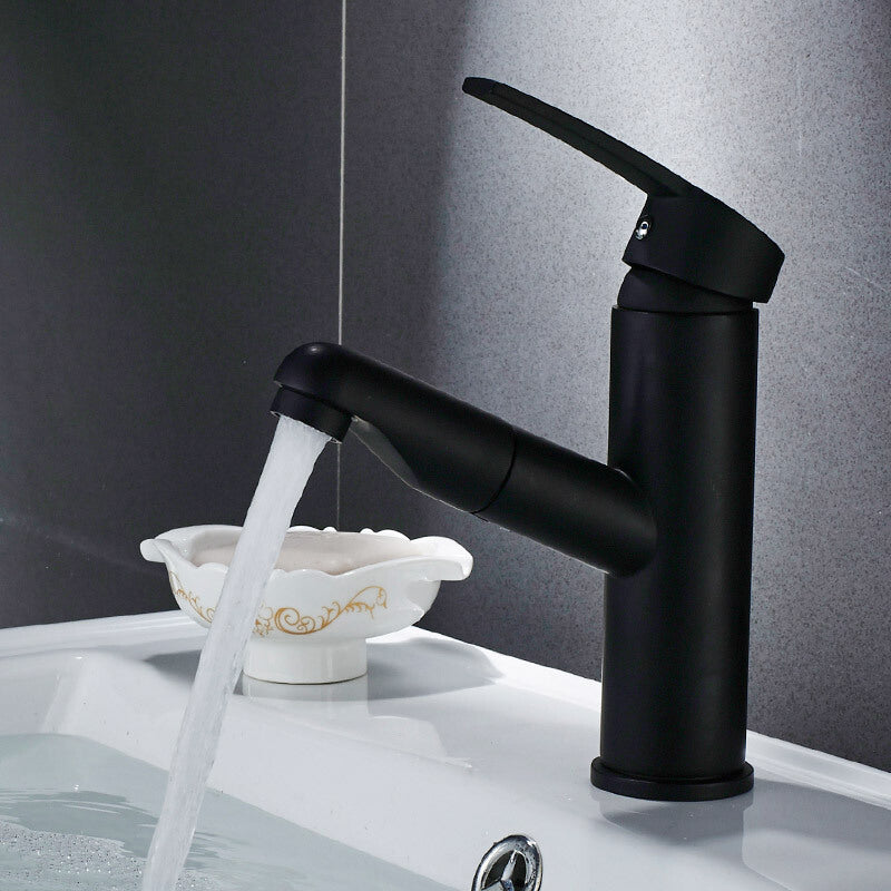 Contemporary Style Faucets Single Lever Handle Swivel Spout Faucets Black Round Clearhalo 'Bathroom Remodel & Bathroom Fixtures' 'Bathroom Sink Faucets' 'Bathroom Sinks & Faucet Components' 'bathroom_sink_faucets' 'Home Improvement' 'home_improvement' 'home_improvement_bathroom_sink_faucets' 6497454