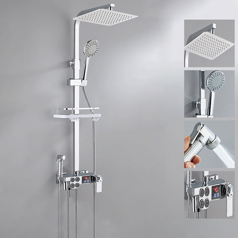 Contemporary Style Shower System Spot Resist Copper Wall Mounted Shower System Silver Thermostatic Digital Display Included Clearhalo 'Bathroom Remodel & Bathroom Fixtures' 'Home Improvement' 'home_improvement' 'home_improvement_shower_faucets' 'Shower Faucets & Systems' 'shower_faucets' 'Showers & Bathtubs Plumbing' 'Showers & Bathtubs' 6497525