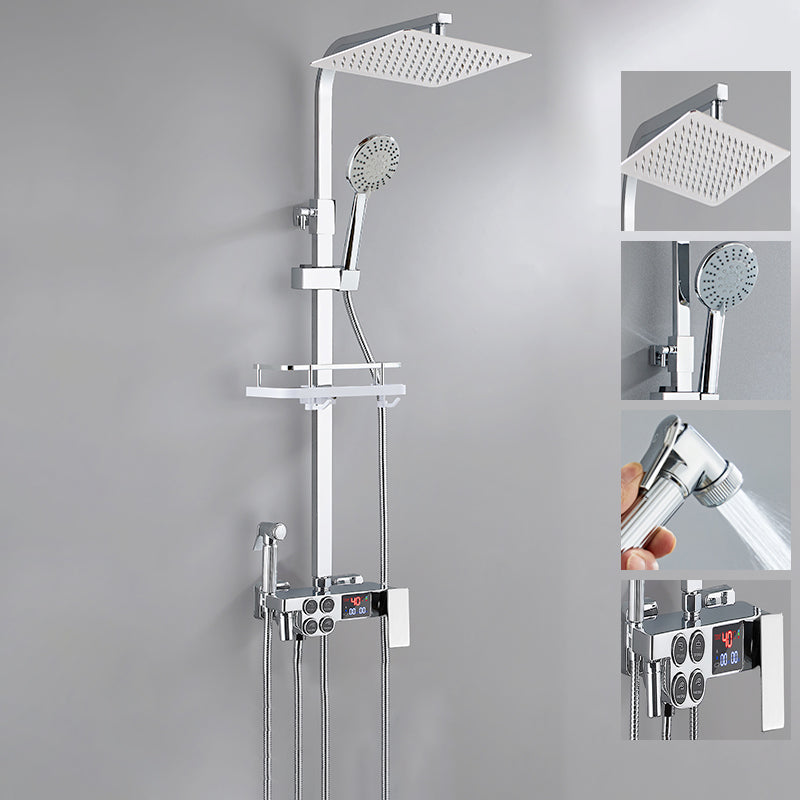 Contemporary Style Shower System Spot Resist Copper Wall Mounted Shower System Silver Temperature Control Digital Display Included Clearhalo 'Bathroom Remodel & Bathroom Fixtures' 'Home Improvement' 'home_improvement' 'home_improvement_shower_faucets' 'Shower Faucets & Systems' 'shower_faucets' 'Showers & Bathtubs Plumbing' 'Showers & Bathtubs' 6497526
