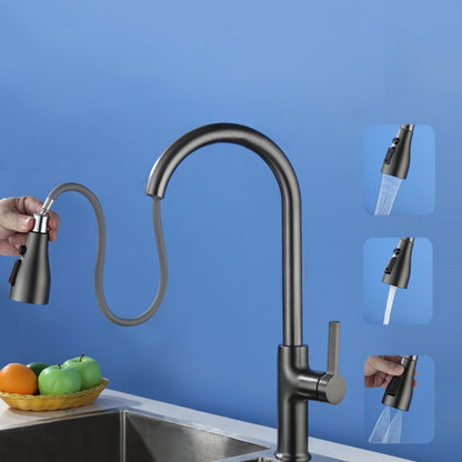 Contemporary Style Kitchen Faucet Copper 1-Handle Retractable High Arc Kitchen Faucet Silver Gray Clearhalo 'Home Improvement' 'home_improvement' 'home_improvement_kitchen_faucets' 'Kitchen Faucets' 'Kitchen Remodel & Kitchen Fixtures' 'Kitchen Sinks & Faucet Components' 'kitchen_faucets' 6497678