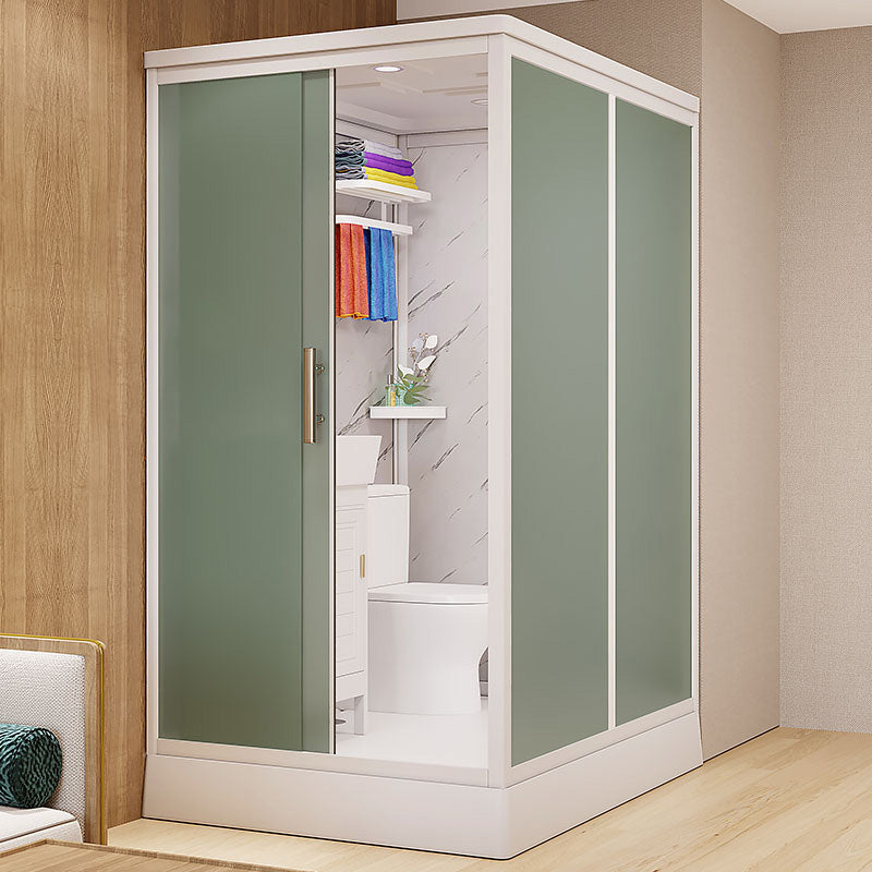 Frosted Glass Shower Enclosure Framed Single Sliding Shower Enclosure in White Toilet Included Sided Opening Clearhalo 'Bathroom Remodel & Bathroom Fixtures' 'Home Improvement' 'home_improvement' 'home_improvement_shower_stalls_enclosures' 'Shower Stalls & Enclosures' 'shower_stalls_enclosures' 'Showers & Bathtubs' 6498339