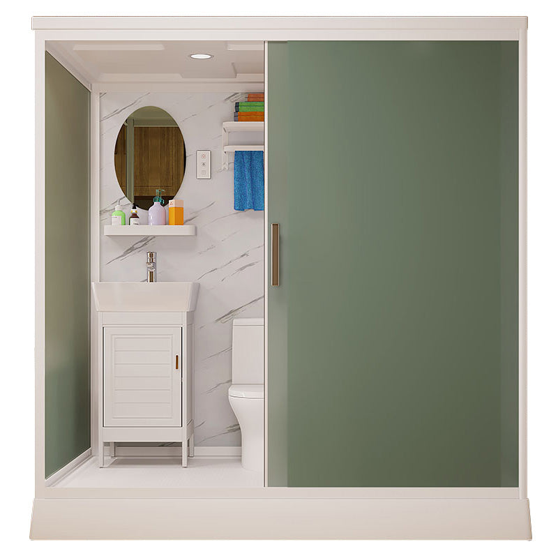 Frosted Glass Shower Enclosure Framed Single Sliding Shower Enclosure in White Clearhalo 'Bathroom Remodel & Bathroom Fixtures' 'Home Improvement' 'home_improvement' 'home_improvement_shower_stalls_enclosures' 'Shower Stalls & Enclosures' 'shower_stalls_enclosures' 'Showers & Bathtubs' 6498342