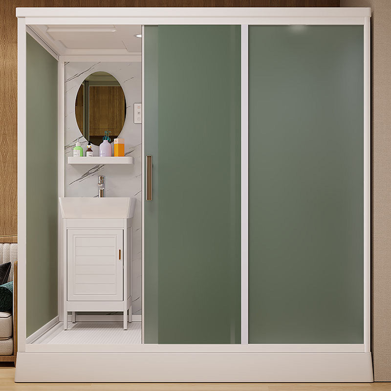 Frosted Glass Shower Enclosure Framed Single Sliding Shower Enclosure in White 79"L x 47"W x 85"H Front Opening Clearhalo 'Bathroom Remodel & Bathroom Fixtures' 'Home Improvement' 'home_improvement' 'home_improvement_shower_stalls_enclosures' 'Shower Stalls & Enclosures' 'shower_stalls_enclosures' 'Showers & Bathtubs' 6498343