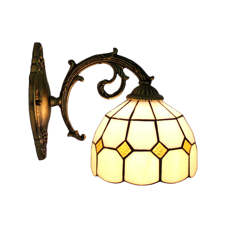 Curved Arm Wall Sconce with Bowl Stained Glass Shade 1 Light Tiffany Wall Lighting Clearhalo 'Industrial' 'Middle century wall lights' 'Tiffany wall lights' 'Tiffany' 'Wall Lamps & Sconces' 'Wall Lights' Lighting' 65015