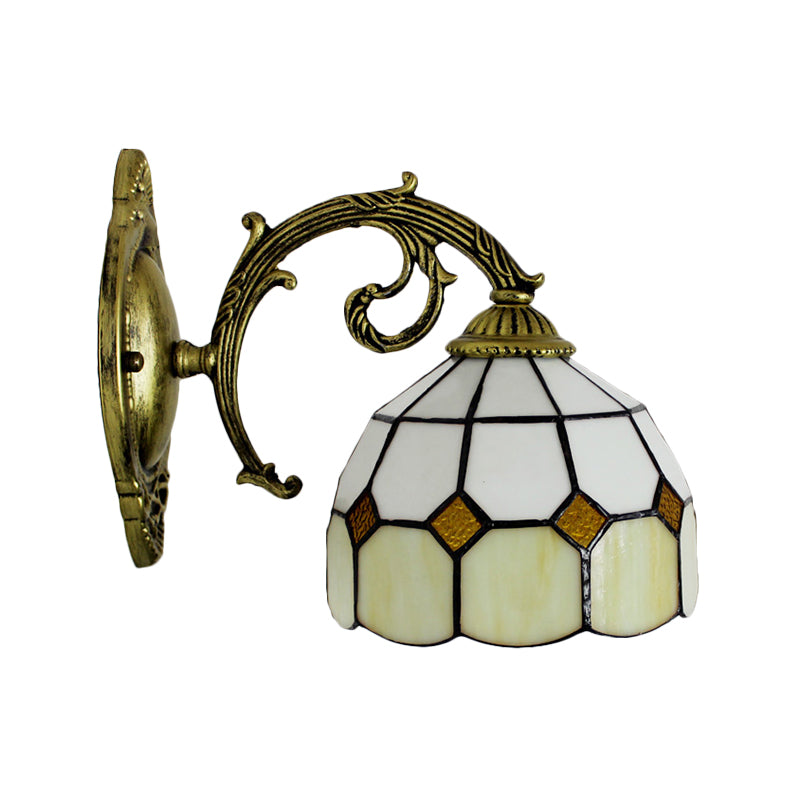 Curved Arm Wall Sconce with Bowl Stained Glass Shade 1 Light Tiffany Wall Lighting Clearhalo 'Industrial' 'Middle century wall lights' 'Tiffany wall lights' 'Tiffany' 'Wall Lamps & Sconces' 'Wall Lights' Lighting' 65016