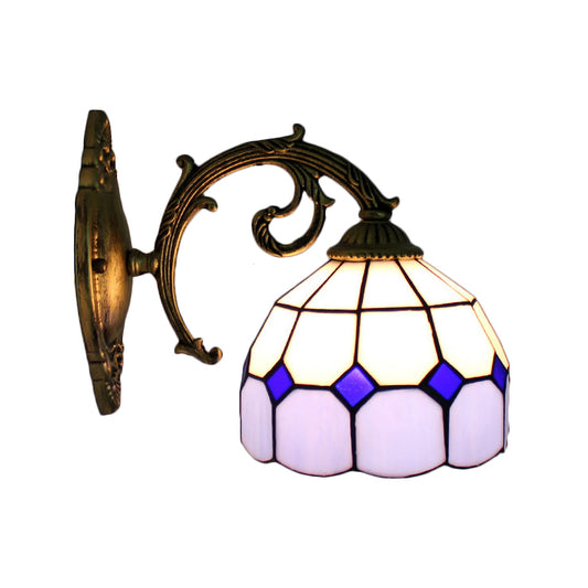 Curved Arm Wall Sconce with Bowl Stained Glass Shade 1 Light Tiffany Wall Lighting Clearhalo 'Industrial' 'Middle century wall lights' 'Tiffany wall lights' 'Tiffany' 'Wall Lamps & Sconces' 'Wall Lights' Lighting' 65018