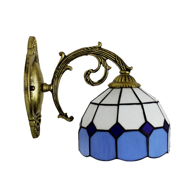 Curved Arm Wall Sconce with Bowl Stained Glass Shade 1 Light Tiffany Wall Lighting Clearhalo 'Industrial' 'Middle century wall lights' 'Tiffany wall lights' 'Tiffany' 'Wall Lamps & Sconces' 'Wall Lights' Lighting' 65019