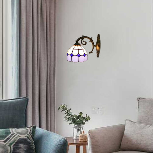 Curved Arm Wall Sconce with Bowl Stained Glass Shade 1 Light Tiffany Wall Lighting Blue Clearhalo 'Industrial' 'Middle century wall lights' 'Tiffany wall lights' 'Tiffany' 'Wall Lamps & Sconces' 'Wall Lights' Lighting' 65020