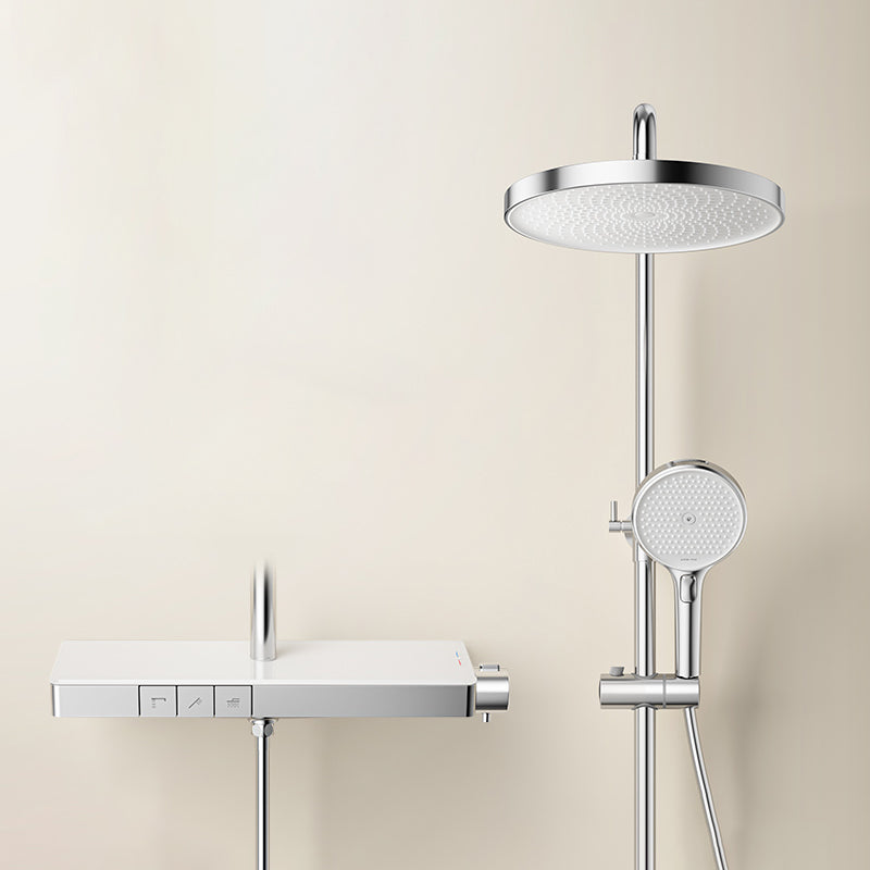 Modern Shower System Brass Volume Control Slide Bar Included Shower Combo Silver Three Function Thermostatic Model Clearhalo 'Bathroom Remodel & Bathroom Fixtures' 'Home Improvement' 'home_improvement' 'home_improvement_shower_faucets' 'Shower Faucets & Systems' 'shower_faucets' 'Showers & Bathtubs Plumbing' 'Showers & Bathtubs' 6502606