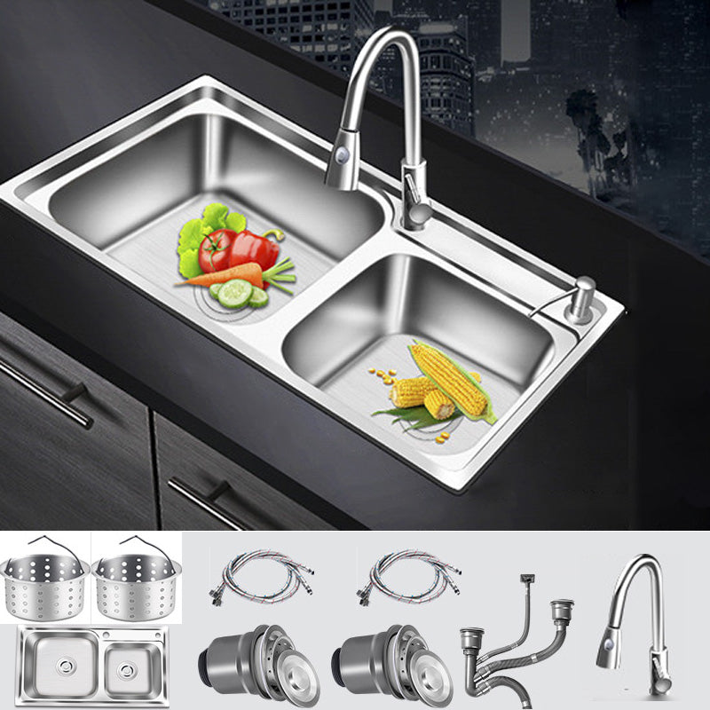Modern Style Kitchen Sink Stainless Steel Corrosion Resistant Drop-In Kitchen Sink Sink with Faucet Pull Out Faucet Clearhalo 'Home Improvement' 'home_improvement' 'home_improvement_kitchen_sinks' 'Kitchen Remodel & Kitchen Fixtures' 'Kitchen Sinks & Faucet Components' 'Kitchen Sinks' 'kitchen_sinks' 6502735