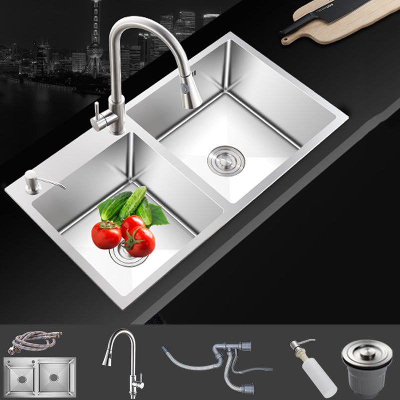Contemporary Style Kitchen Sink Noise-cancelling Design Stainless Steel Kitchen Sink Sink with Faucet Pull Out Faucet Clearhalo 'Home Improvement' 'home_improvement' 'home_improvement_kitchen_sinks' 'Kitchen Remodel & Kitchen Fixtures' 'Kitchen Sinks & Faucet Components' 'Kitchen Sinks' 'kitchen_sinks' 6502749