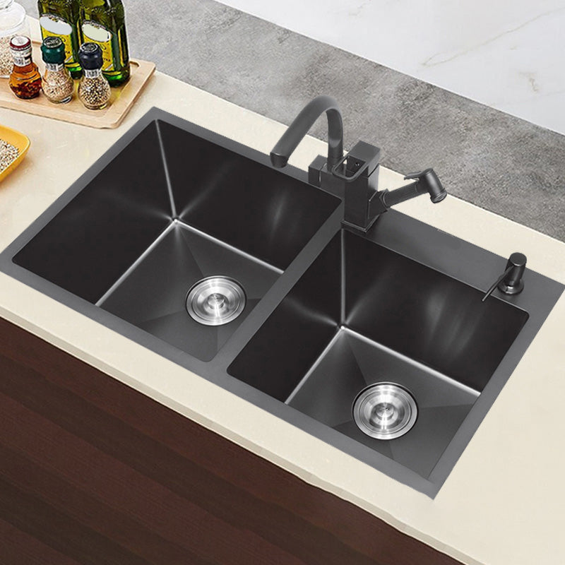 Classic Style Kitchen Sink Stainless Steel Kitchen Double Sink with Drain Strainer Kit 31"L x 17"W x 8"H Sink with Faucet Robot Faucet Clearhalo 'Home Improvement' 'home_improvement' 'home_improvement_kitchen_sinks' 'Kitchen Remodel & Kitchen Fixtures' 'Kitchen Sinks & Faucet Components' 'Kitchen Sinks' 'kitchen_sinks' 6502767