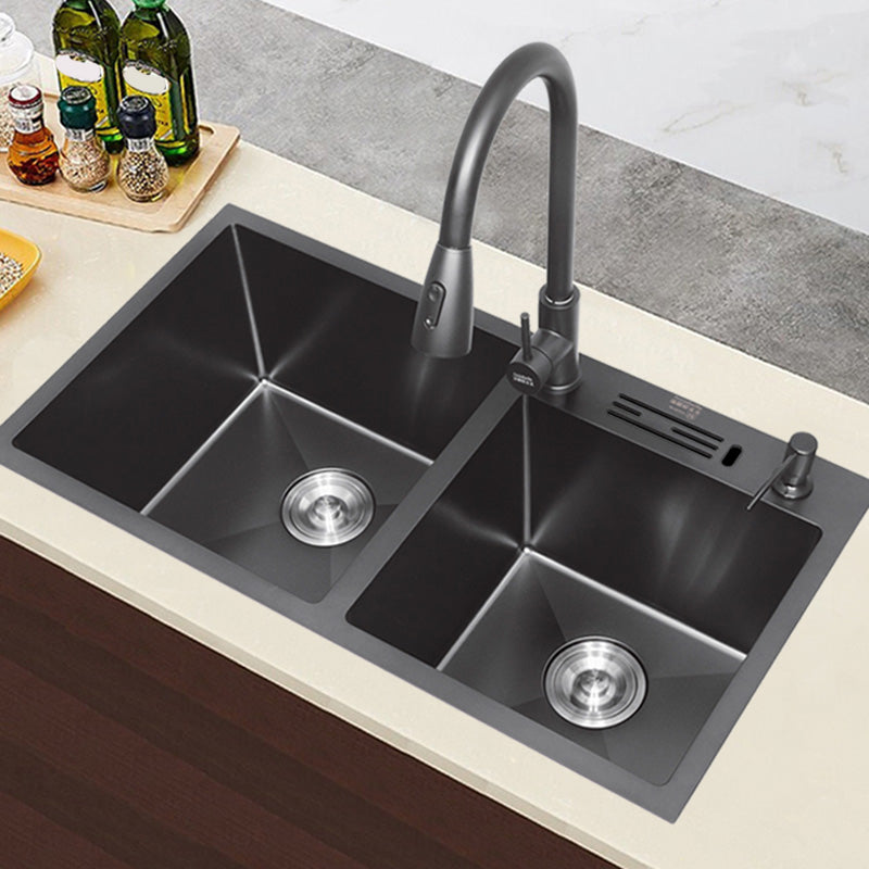 Classic Style Kitchen Sink Stainless Steel Kitchen Double Sink with Drain Strainer Kit 31"L x 17"W x 8"H Sink with Faucet Pull Out Faucet Clearhalo 'Home Improvement' 'home_improvement' 'home_improvement_kitchen_sinks' 'Kitchen Remodel & Kitchen Fixtures' 'Kitchen Sinks & Faucet Components' 'Kitchen Sinks' 'kitchen_sinks' 6502771