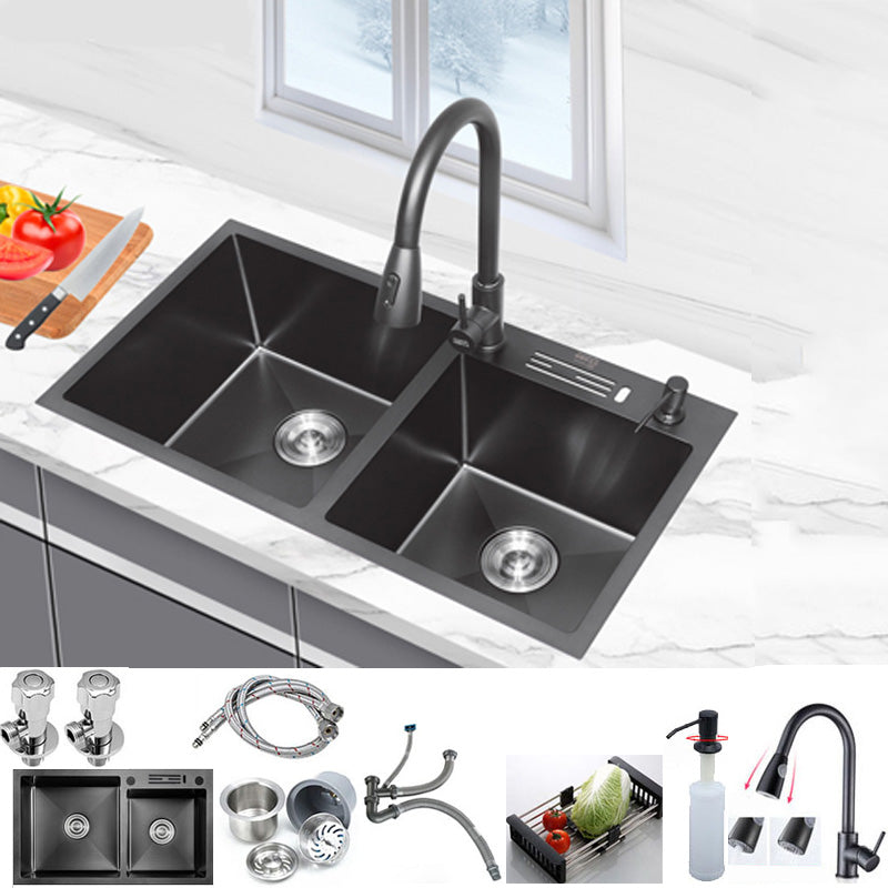 Classic Style Kitchen Sink Stainless Steel Kitchen Double Sink with Drain Strainer Kit Sink with Faucet Pull Out Faucet Clearhalo 'Home Improvement' 'home_improvement' 'home_improvement_kitchen_sinks' 'Kitchen Remodel & Kitchen Fixtures' 'Kitchen Sinks & Faucet Components' 'Kitchen Sinks' 'kitchen_sinks' 6502776