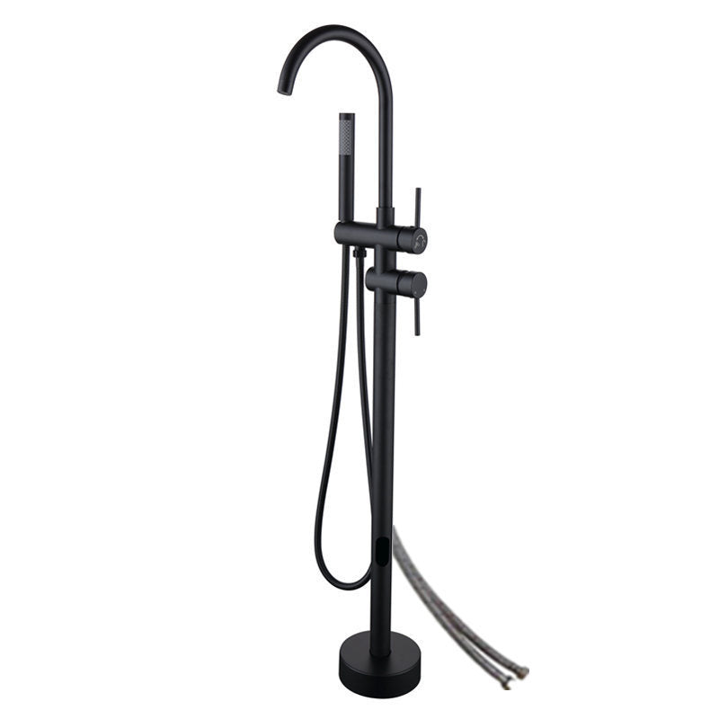 Floor Mounted Metal Freestanding Tub Filler High Arc Freestanding Faucet Black Hand Shower Included Wall Clearhalo 'Bathroom Remodel & Bathroom Fixtures' 'Bathtub Faucets' 'bathtub_faucets' 'Home Improvement' 'home_improvement' 'home_improvement_bathtub_faucets' 6503001