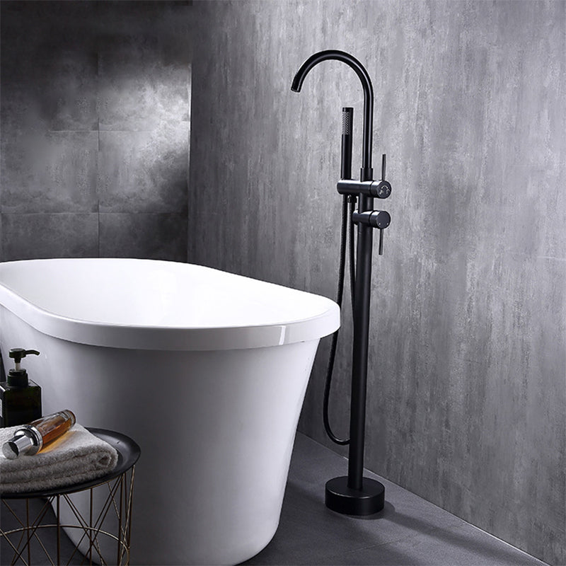 Floor Mounted Metal Freestanding Tub Filler High Arc Freestanding Faucet Black Hand Shower Included Ground Clearhalo 'Bathroom Remodel & Bathroom Fixtures' 'Bathtub Faucets' 'bathtub_faucets' 'Home Improvement' 'home_improvement' 'home_improvement_bathtub_faucets' 6503004