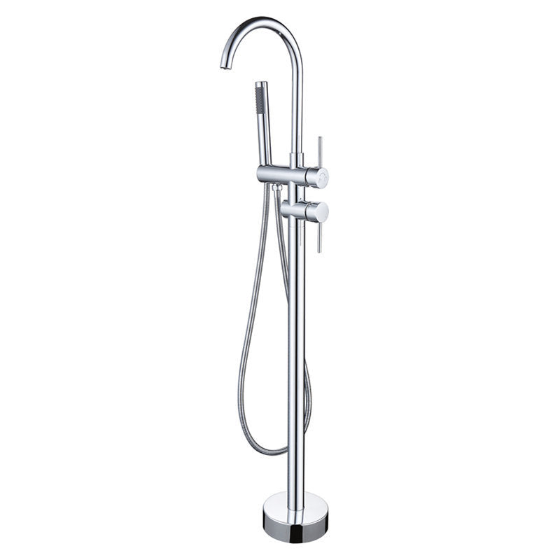 Floor Mounted Metal Freestanding Tub Filler High Arc Freestanding Faucet Chrome Hand Shower Included Ground Clearhalo 'Bathroom Remodel & Bathroom Fixtures' 'Bathtub Faucets' 'bathtub_faucets' 'Home Improvement' 'home_improvement' 'home_improvement_bathtub_faucets' 6503007