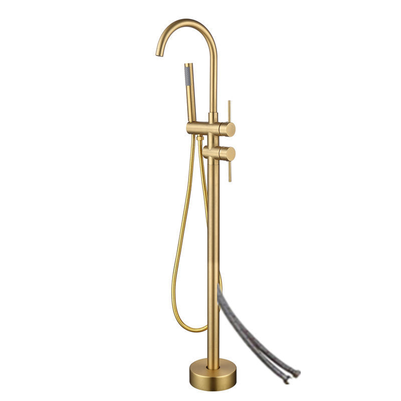 Floor Mounted Metal Freestanding Tub Filler High Arc Freestanding Faucet Gold Hand Shower Included Wall Clearhalo 'Bathroom Remodel & Bathroom Fixtures' 'Bathtub Faucets' 'bathtub_faucets' 'Home Improvement' 'home_improvement' 'home_improvement_bathtub_faucets' 6503012
