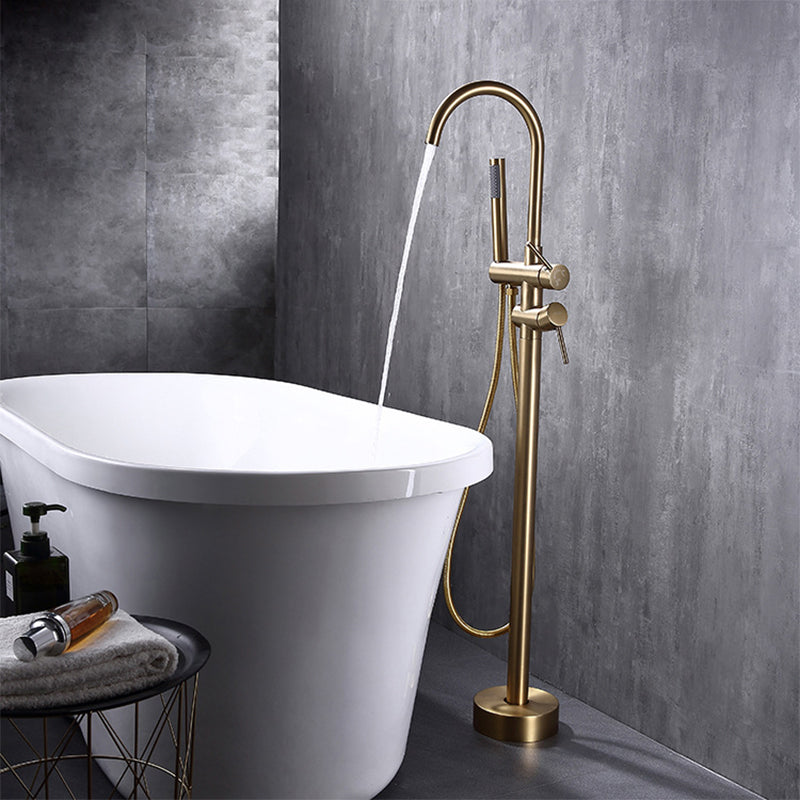 Floor Mounted Metal Freestanding Tub Filler High Arc Freestanding Faucet Gold Hand Shower Included Ground Clearhalo 'Bathroom Remodel & Bathroom Fixtures' 'Bathtub Faucets' 'bathtub_faucets' 'Home Improvement' 'home_improvement' 'home_improvement_bathtub_faucets' 6503022
