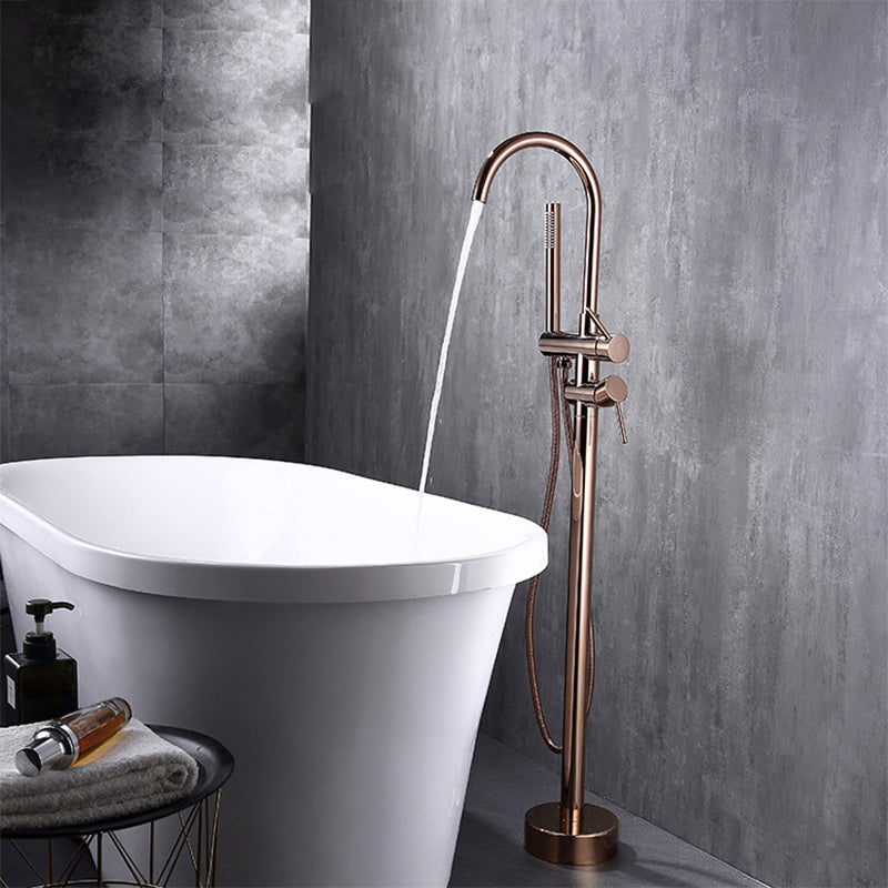 Floor Mounted Metal Freestanding Tub Filler High Arc Freestanding Faucet Rose Gold Hand Shower Included Ground Clearhalo 'Bathroom Remodel & Bathroom Fixtures' 'Bathtub Faucets' 'bathtub_faucets' 'Home Improvement' 'home_improvement' 'home_improvement_bathtub_faucets' 6503023