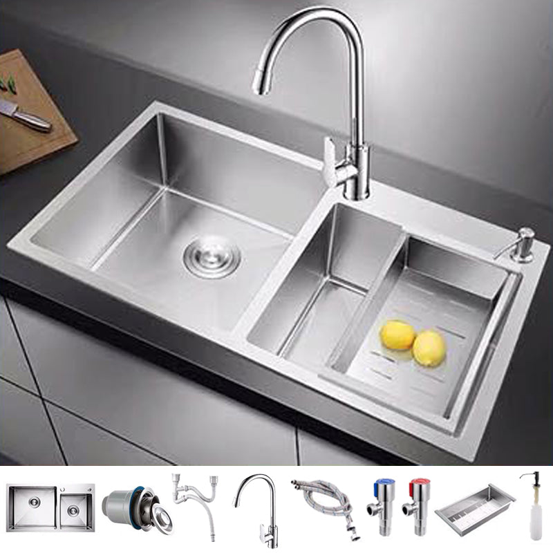 Contemporary Style Kitchen Sink Stainless Steel 2 Holes Drop-In Kitchen Double Sink Sink with Faucet Round Faucet Clearhalo 'Home Improvement' 'home_improvement' 'home_improvement_kitchen_sinks' 'Kitchen Remodel & Kitchen Fixtures' 'Kitchen Sinks & Faucet Components' 'Kitchen Sinks' 'kitchen_sinks' 6508709