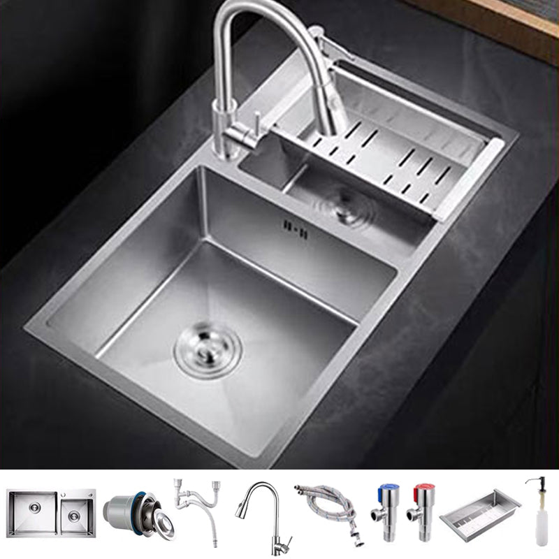 Contemporary Style Kitchen Sink Stainless Steel 2 Holes Drop-In Kitchen Double Sink Sink with Faucet Pull Out Faucet Clearhalo 'Home Improvement' 'home_improvement' 'home_improvement_kitchen_sinks' 'Kitchen Remodel & Kitchen Fixtures' 'Kitchen Sinks & Faucet Components' 'Kitchen Sinks' 'kitchen_sinks' 6508710