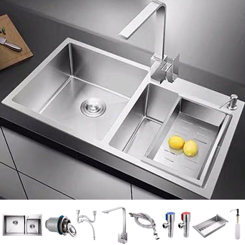 Contemporary Style Kitchen Sink Stainless Steel 2 Holes Drop-In Kitchen Double Sink Sink with Faucet Square Faucet Clearhalo 'Home Improvement' 'home_improvement' 'home_improvement_kitchen_sinks' 'Kitchen Remodel & Kitchen Fixtures' 'Kitchen Sinks & Faucet Components' 'Kitchen Sinks' 'kitchen_sinks' 6508711