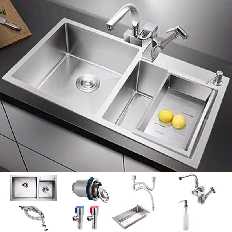 Contemporary Style Kitchen Sink Stainless Steel 2 Holes Drop-In Kitchen Double Sink Sink with Faucet Robot Faucet Clearhalo 'Home Improvement' 'home_improvement' 'home_improvement_kitchen_sinks' 'Kitchen Remodel & Kitchen Fixtures' 'Kitchen Sinks & Faucet Components' 'Kitchen Sinks' 'kitchen_sinks' 6508712