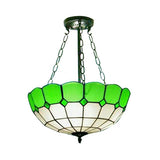 Lodge Bowl Semi Flush Light Stained Glass 2/3 Lights Semi Flush Ceiling Fixture with Chain in Green Green Clearhalo 'Ceiling Lights' 'Close To Ceiling Lights' 'Close to ceiling' 'Glass shade' 'Glass' 'Semi-flushmount' 'Tiffany close to ceiling' 'Tiffany' Lighting' 65101