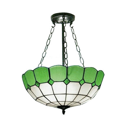 Lodge Bowl Semi Flush Light Stained Glass 2/3 Lights Semi Flush Ceiling Fixture with Chain in Green Clearhalo 'Ceiling Lights' 'Close To Ceiling Lights' 'Close to ceiling' 'Glass shade' 'Glass' 'Semi-flushmount' 'Tiffany close to ceiling' 'Tiffany' Lighting' 65102