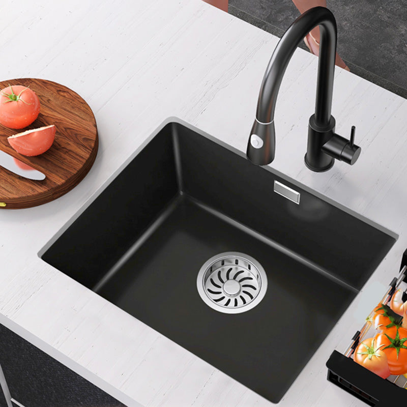 Black Undermount Kitchen Sink Single Bowl Quartz Sink with Drain Strainer 22"L x 17"W x 9"H Sink with Faucet Pull Out Faucet Clearhalo 'Home Improvement' 'home_improvement' 'home_improvement_kitchen_sinks' 'Kitchen Remodel & Kitchen Fixtures' 'Kitchen Sinks & Faucet Components' 'Kitchen Sinks' 'kitchen_sinks' 6510518