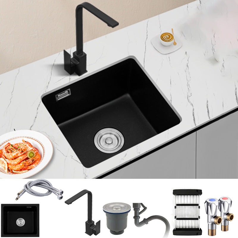 Black Undermount Kitchen Sink Single Bowl Quartz Sink with Drain Strainer Sink with Faucet Seven Character Faucet Clearhalo 'Home Improvement' 'home_improvement' 'home_improvement_kitchen_sinks' 'Kitchen Remodel & Kitchen Fixtures' 'Kitchen Sinks & Faucet Components' 'Kitchen Sinks' 'kitchen_sinks' 6510519