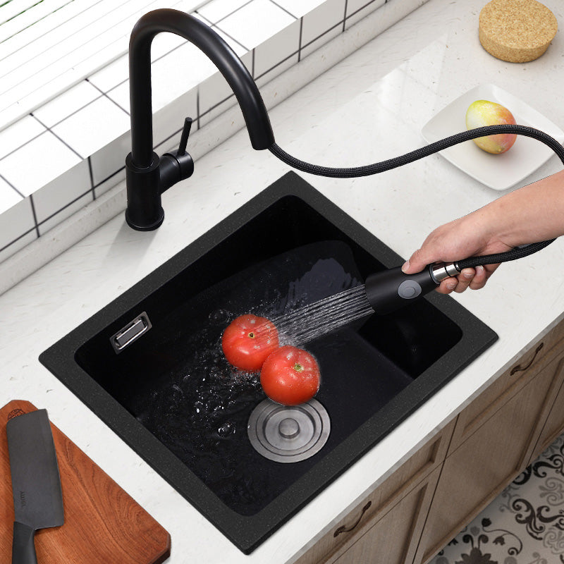 Black Undermount Kitchen Sink Single Bowl Quartz Sink with Drain Strainer 18"L x 16"W x 9"H Sink with Faucet Pull Out Faucet Clearhalo 'Home Improvement' 'home_improvement' 'home_improvement_kitchen_sinks' 'Kitchen Remodel & Kitchen Fixtures' 'Kitchen Sinks & Faucet Components' 'Kitchen Sinks' 'kitchen_sinks' 6510520