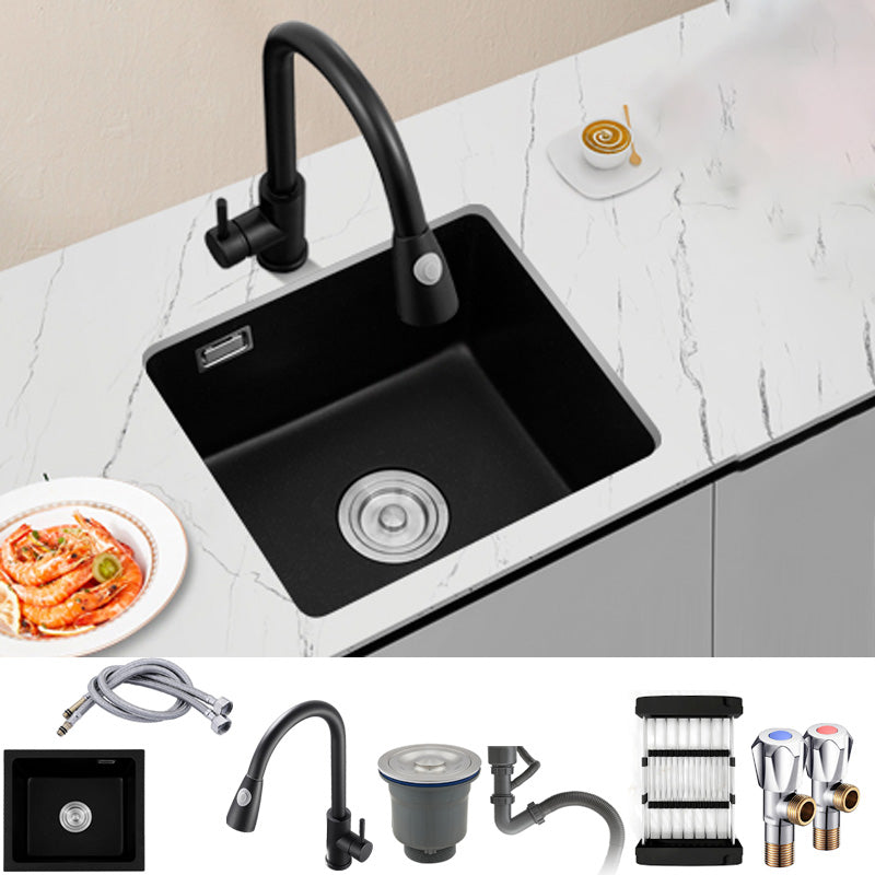 Black Undermount Kitchen Sink Single Bowl Quartz Sink with Drain Strainer Sink with Faucet Pull Out Faucet Clearhalo 'Home Improvement' 'home_improvement' 'home_improvement_kitchen_sinks' 'Kitchen Remodel & Kitchen Fixtures' 'Kitchen Sinks & Faucet Components' 'Kitchen Sinks' 'kitchen_sinks' 6510522