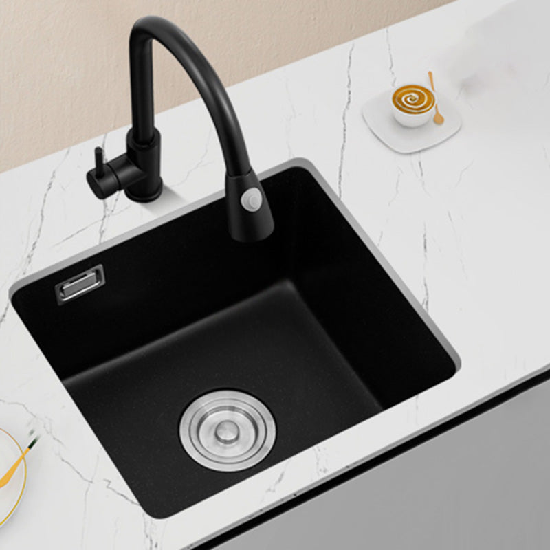 Black Undermount Kitchen Sink Single Bowl Quartz Sink with Drain Strainer 17"L x 15"W x 9"H Sink with Faucet Pull Out Faucet Clearhalo 'Home Improvement' 'home_improvement' 'home_improvement_kitchen_sinks' 'Kitchen Remodel & Kitchen Fixtures' 'Kitchen Sinks & Faucet Components' 'Kitchen Sinks' 'kitchen_sinks' 6510523