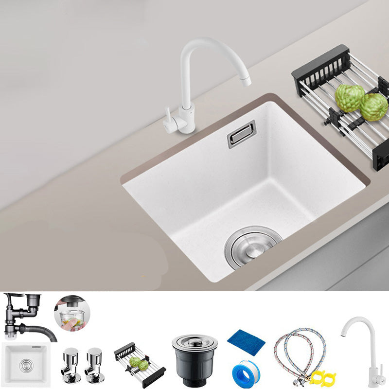 White Rectangle Kitchen Sink with Faucet Single Bowl Quartz Sink Sink with Faucet Stainless Steel Elbow Faucet Clearhalo 'Home Improvement' 'home_improvement' 'home_improvement_kitchen_sinks' 'Kitchen Remodel & Kitchen Fixtures' 'Kitchen Sinks & Faucet Components' 'Kitchen Sinks' 'kitchen_sinks' 6510543
